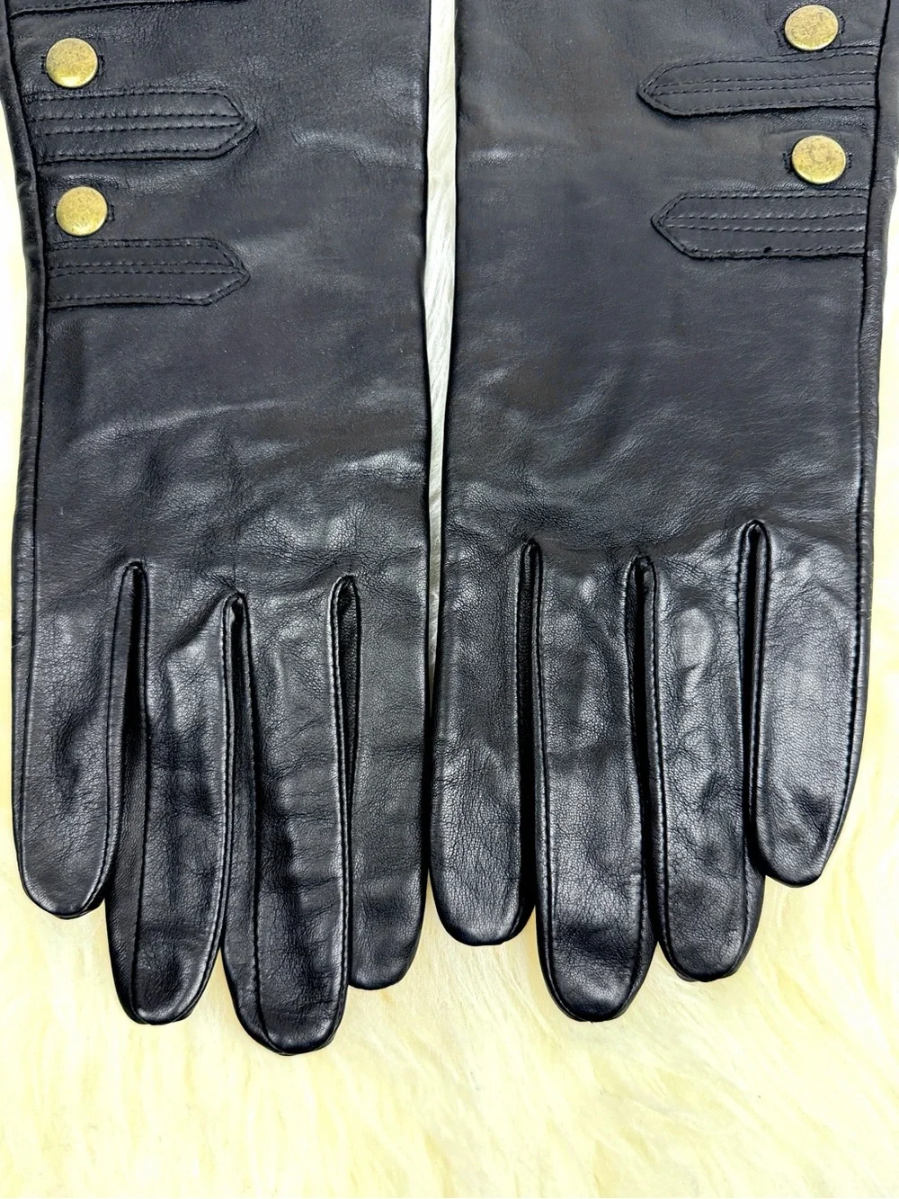Mercer & Madison Black Leather Gloves Silk Lined XL 12” Long Brass Stud Accent